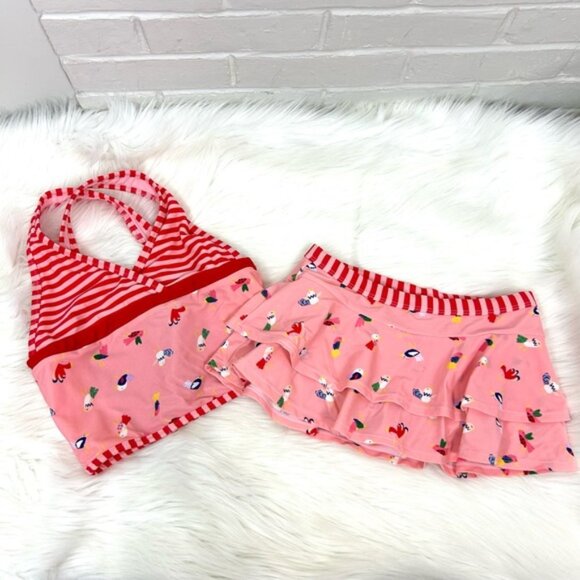Hanna Andersson Girls Striped Pink Red Bird Print Two Piece Skirt Swimsuit Set - Picture 1 of 10